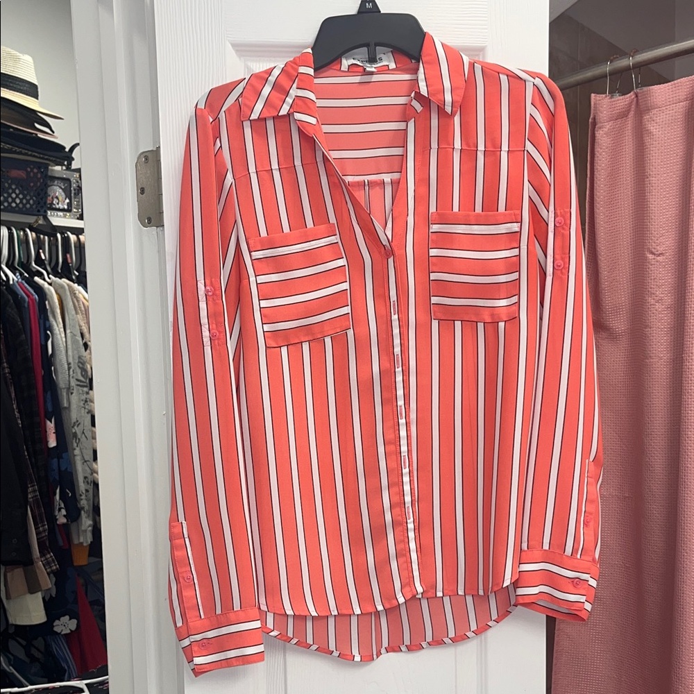 Express Coral and White Striped Button-Down Blouse